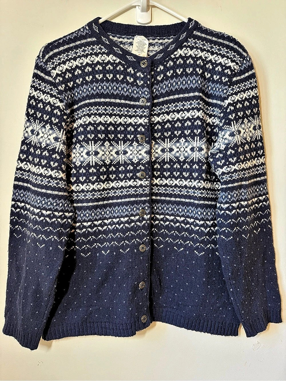 Fairisle cotton blend cardigan blue white with metal buttons Nordic style